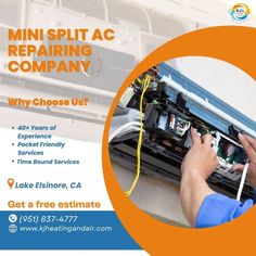 a man fixing an air conditioner with the words mini split ac repairing company why choose us?