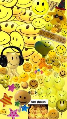 a bunch of smiley faces with headphones on and some balloons in the shape of stars