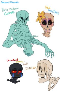 three different types of cartoon characters, one with an alien face and the other with a skeleton