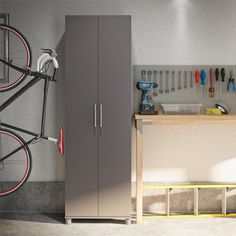 a bike hanging on the wall next to a garage storage unit with tools in it