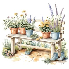 a bench with potted plants on it next to flowers and other things in the dirt