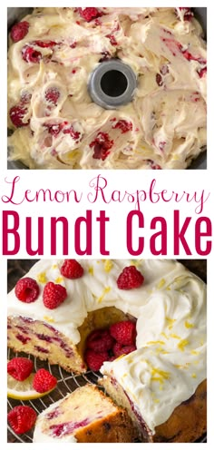 lemon raspberry bundt cake with white frosting and fresh raspberries on top