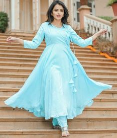 Long Umbrella Churidar Blue Colour Suit, Pretty Dresses For Women, Shrenu Parikh, Blue Colour Dress, Churidar Designs, Palazzo Suit, Dresses Classy, Designer Kurtis