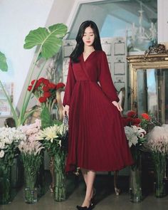 Tiktok School, Korean Shopping, Shopping Tiktok, New Frock, Korean Fashion Ideas, Frock Style, Dress Maroon, Mode Turban, Korean Fashion Outfits