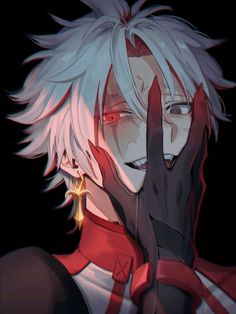 an anime character with white hair and red eyes holding his hand up to his face