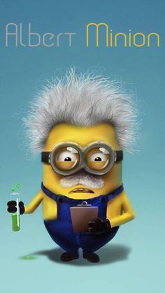 a minion with glasses holding a book and an electronic device in front of the word e = mc2