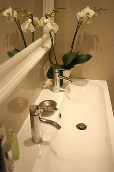 a white sink sitting under a bathroom mirror next to a shower head mounted faucet