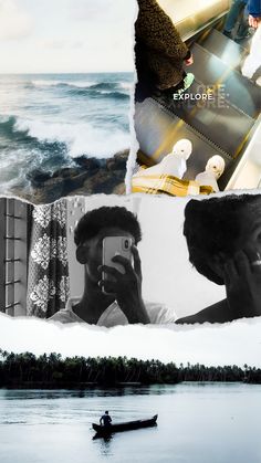 a collage of photos with people in a boat and an image of a person on a cell phone