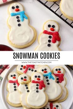 snowman cookies on a plate with frosting and sprinkles in the middle