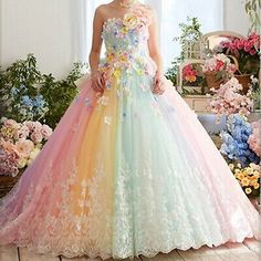 ad eBay - Rainbow Quinceanera Dresses with 3D Floral Strapless Tulle Party Prom Ball Gowns - Buy Now, click the link (eBay) Pastel Wedding Dresses, Rainbow Wedding Dress, Wedding Dresses Uk, Rainbow Tutu, Plum Dress, 파티 드레스, Rainbow Wedding, Rainbow Dress, Pastel Wedding