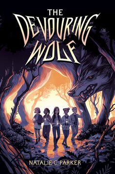 the devouringing wolf book cover with three people walking in front of an orange light