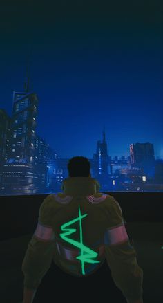 a man standing in front of a city skyline with neon green arrows on his back