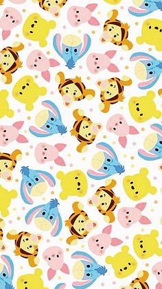 winnie the pooh and friends pattern on a white background with pink, yellow and blue polka dots