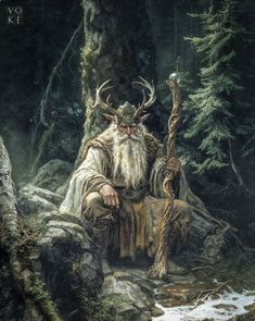 a painting of an old man sitting on a rock in the woods holding a staff