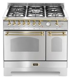 an oven with four burners and two doors