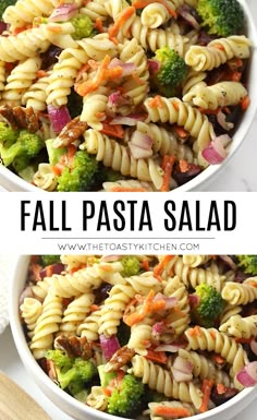 two bowls filled with pasta salad on top of a table