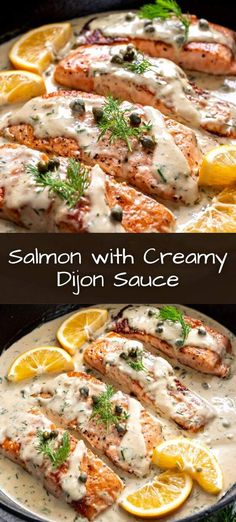 salmon with creamy lemon sauce in a skillet