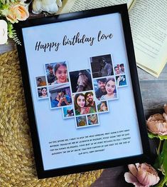 a birthday card with pictures of people and flowers next to an open book on a table