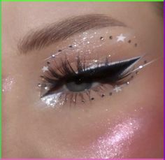 sparkly eyeshadow, rhinestone, cat eye, prom makeup look, makeup inspo, pink and white, sparkle blush, highlighter, euphoria, star accents, clean brows, lashes, blue eyes makeup Sugar Plum Fairy Makeup Looks, Dark Glittery Makeup, Fun Makeup Looks To Recreate, Space Themed Makeup, Space Cowgirl Makeup, Chunky Glitter Makeup, Stars Makeup, Outfit Edc, Gem Makeup