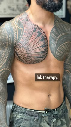 an image of a man with tattoos on his chest that says, ink therapy i'll send message