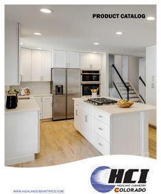 a kitchen with white cabinets and an island in front of the stove top oven is shown