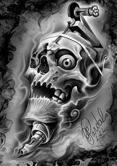 a black and white drawing of a skull with a knife in it's mouth