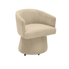 an upholstered beige chair with wheels