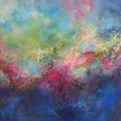 an abstract painting with blue, pink and green colors on it's surface is shown