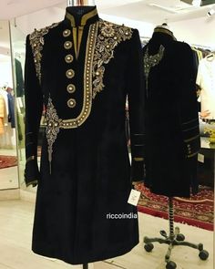 Classic & luxurious Embroidered Sherwani, Churidar Pajama and Shirt Heavy Weight 1500 GRAMS High Embroidered Brocade Fabric, Same as Show in Picture Perfect for Grooms, wedding Dinner Party & all occasions Perfect gift for the Perfect man or just as a personal treat FREE FAST 7 -10 DAYS ORDER TO DELIVERY SHIPPING ACROSS THE ENTIRE USA SUPERFAST WORLDWIDE SHIPPING NOTE;- ANY KIND OF IMPORT DUTY OR CUSTOM DUTY CHARGES WILL BE PAID BY BUYER. FREE SHIPPING WORLDWIDE Velvet Sherwani, Black Groom, Thick Embroidery, Groom Sherwani, Wedding Kurta, Wedding Dresses Men Indian, Indian Men Fashion, Wedding Dress Men, Dress Suits For Men