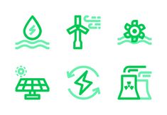 green and white icons depicting different types of water, wind turbine, power plant, solar panel