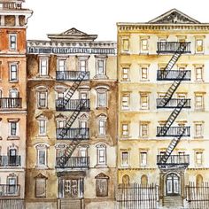 watercolor painting of buildings with fire escapes