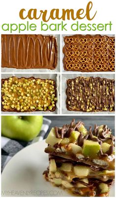 Caramel Apple Bark Recipe- Fresh fall dessert idea that is so easy to make! Green apples and pretzels make a sweet and salty treat. Simple chocolate caramel apple bark dessert idea. Apple Bark Dessert, Bark Dessert, Caramel Apple Bark, Apple Bark, Muffins Pumpkin, Bread Pumpkin, Chocolate Caramel Apples, Yummy Desserts Easy, Salty Treats