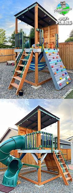 Boy playing on elevated open playset with lean-to roof and spiral slide Playground Diy Ideas, Playground Plans, Playset Diy, Tree House Playground, House Playground, Playset Plans, Swing Set Plans, Kids Clubhouse, Cool Backyard