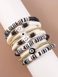 Bracelets Set Ideas, Clay Beads Design Ideas, White Clay Bracelets, Clay And Glass Bead Bracelet, Clay Bead Bracelet Stacks, Clay Bead Bracelets Black, Clay Bead Bracelet Stack Ideas, Emo Clay Bead Bracelets, Clay Bead Bracelet Ideas Black