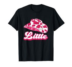 a black shirt with pink and white polka dot print on the front that says little