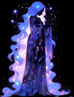 a woman with long white hair standing in front of a star filled sky and stars