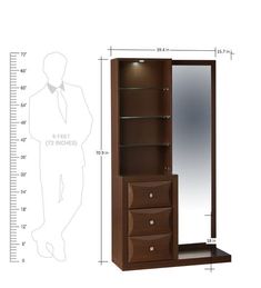 a tall wooden cabinet with drawers and a mirror on it's side next to a ruler