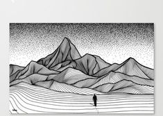 a black and white drawing of a person standing in the middle of a mountain range