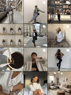 the collage shows many different images of women in white outfits and black pants, one woman