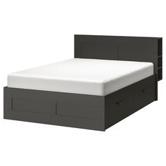 an image of a bed with drawers on the bottom and side panels in dark grey