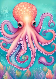 an octopus with blue eyes and pink tentacles swimming in the ocean surrounded by corals