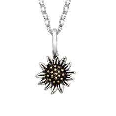 "Featuring gold-tone accents and an oxidized finish, this PRIMROSE sunflower pendant is a charming complement to your favorite outfits. Featuring gold-tone accents and an oxidized finish, this PRIMROSE sunflower pendant is a charming complement to your favorite outfits. Pendant size: 0.32""L x 0.32""W Chain length: 18 in. Chain type: cable Metal: sterling silver Plating: rhodium Finish: oxidized, polished Packaging: decorative card Size: 18"". Gender: female. Age Group: adult." Sunflower Pendant, Chain Lengths, Chain Length, Womens Jewelry Necklace, Gender Female, Jewelry Necklace Pendant, Two Tone, Favorite Outfit, Sunflower