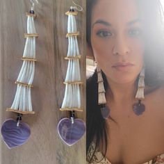 I am in love with these Shell on Shell Earrings. Both Wampum and Dentalium Shells are traditional Native American Elements. Shells were used instead of beads to enhance and decorate clothing and other materials. Wampum Shells round out bottom of this Tiered pair of Dentalium Shell sewn to leather Earrings. Please Note: Shells will differ in color and markings. Also this pair is for heart wampum. (See last pics for difference in the 2 earrings) Authentically Made By Potawatomi Native American Ama How To Make Dentalium Earrings, Traditional White Jewelry With Heart Beads, White Bohemian Earrings With Heart Beads, Bohemian White Earrings With Heart Beads, Bohemian White Heart Beads Earrings, Native Beaded Earrings Round, Dentillium Earrings, Dentalium Shell Earrings, Dentallium Earrings