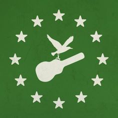 a green background with white stars and a guitar