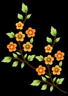 an orange flower with green leaves is on a black background in the style of embroidery