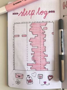 a notebook with some drawings on it and a pen next to it that says step log