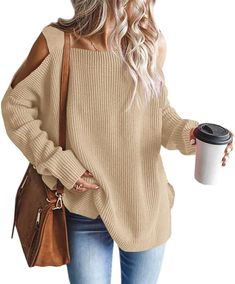 MaQiYa Women's Cold Shoulder Oversized Sweaters Batwing Long Sleeve Square Neck Chunky Knit Fall Tunic Sweater Tops Fall Tunics, Pull Oversize, Elegant Sweater, Baggy Style, Slouchy Sweater, Cardigan Sweater Coat, Winter Pullover, Saint Patrick's Day, Stylish Sweaters