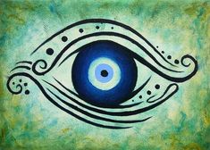 an artistic painting with blue eyes and swirls on the iris's eye, painted in acrylic paint