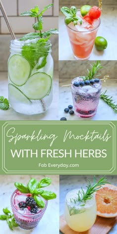 several different types of fresh herbs in mason jars with text overlay that reads, separating mojitas with fresh herbs