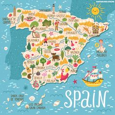 an illustrated map of spain with all the main cities and major towns in each country